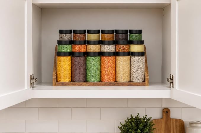 3 Tier Wood Spice Rack Organizer for Cabinet, Super Sturdy Display Riser Shelf Seasoning Organizer for Countertop Pantry Cupboard, Retro Storage Holder for Kitchen Condiment Jar Spice Container - Image 5