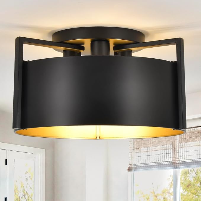 Black Semi Flush Mount Ceiling Light, 15'' Modern Farmhouse Hallway Entryway Light Fixtures Ceiling Mount, 3-Light Rustic Foyer Lighting Fixtures Ceiling lights for Kitchen Island Bedroom Dining Room by YCZHCC