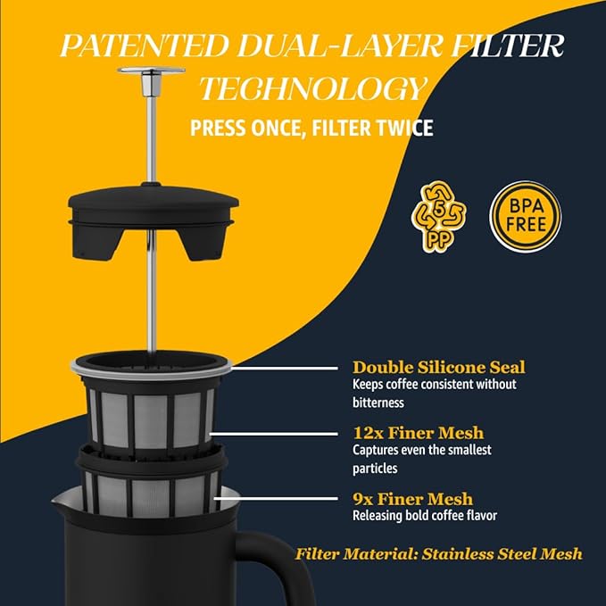 ESPRO P7 French Press Stainless Steel 304 – Patented Double Walled Micro-Filter Insulated French Press Coffee Maker, Grit-Free Brew - Heat Resistant BPA Free Coffee Maker - Matte Black(18oz)