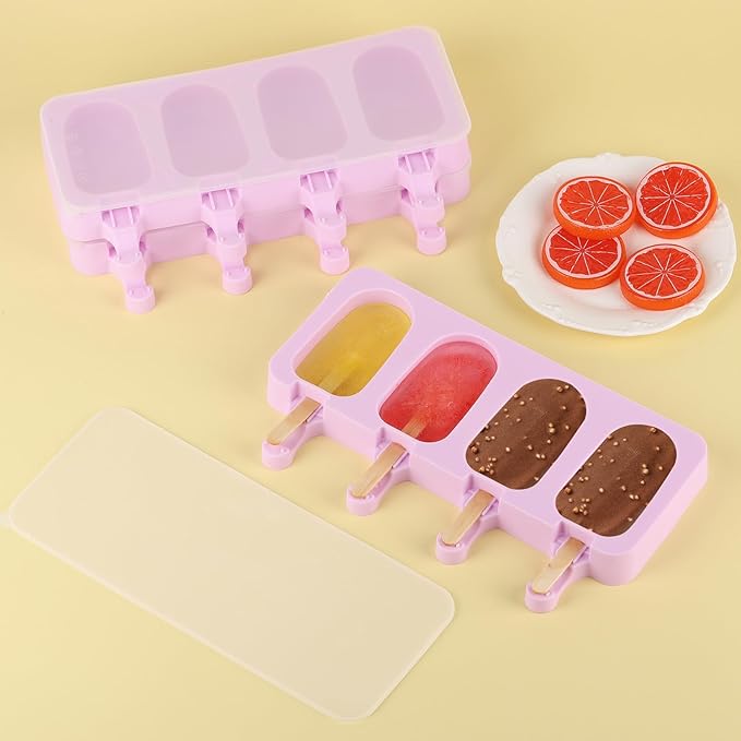 3 Set Violet Popsicles Molds with Lids and 100 Pcs Wooden Popsicles Sticks, Standard Size 4 Cavities Silicone Ice Pop Molds for Making Cakesicles, Cake Pops, Ice Cream - BPA Free