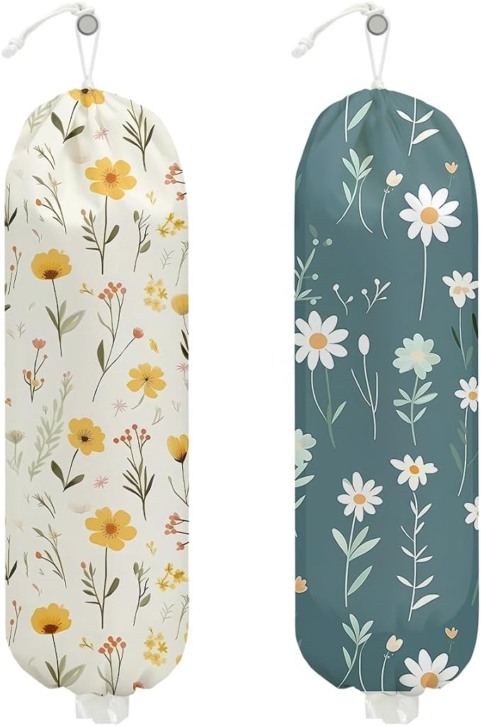 2Pcs Floral Plastic Bag Holder, Wall Mount Trash Bag Holder, Vintage Floral Reusable Grocery Bags Storage Dispenser for Home Kitchen Pantry Farmhouse, Flower Gifts for Women, 22.5x9 Inch by Unknown