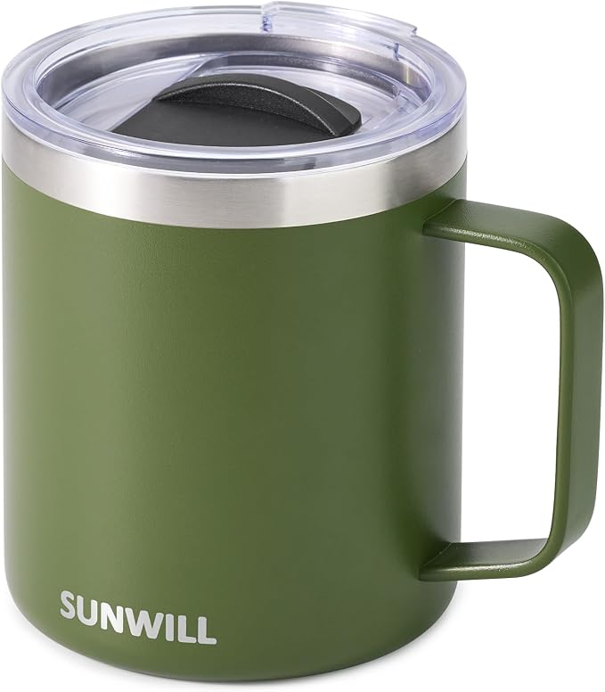 SUNWILL Travel Coffee Mug with Lid, Insulated Tumbler with Handle, 14 oz Stainless Steel Cup for Camping, Office, Home, Powder Coated Olive by SUNWILL