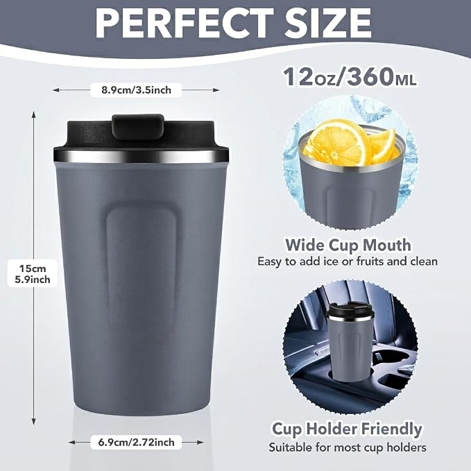Volhoply 12 oz Double Wall Insulated Vacuum Travel Coffee Mug with Flip Lid,Reusable Stainless Steel Leak Proof Coffee Cup,Portable Iced Cafe Thermal Tumbler Suitable for Hot & Cold Drinks(Gray,1 Set) - Image 2