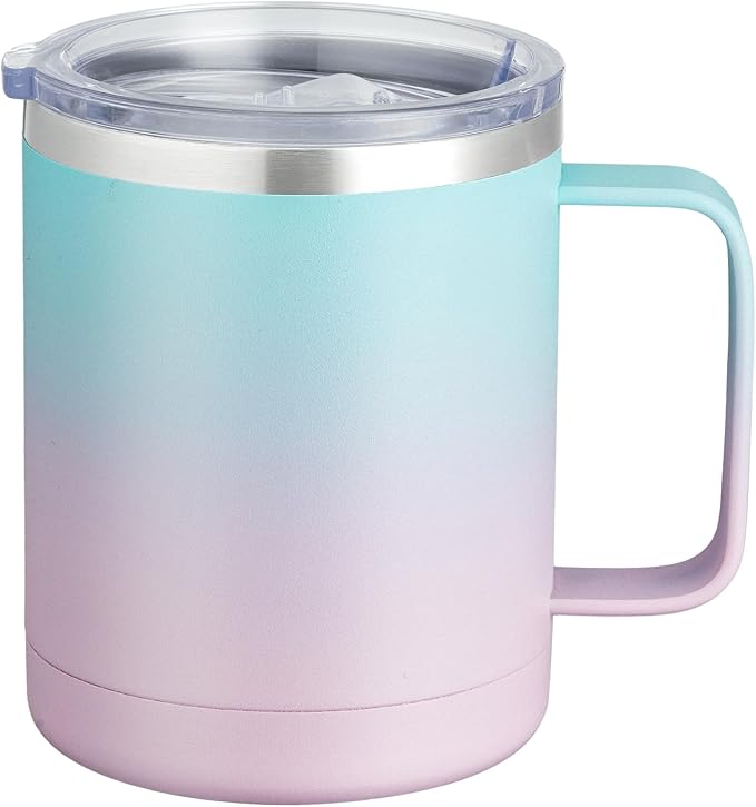 MEWAY 12oz Coffee Mug With Handle and Sliding Lid,Stainless Steel Travel Tumbler Cup with Handle,Double Wall Vacuum Insulated Camping Cup for Hot & Cold Drinks Tea (Bubble Gum,Set of 1) by MEWAY