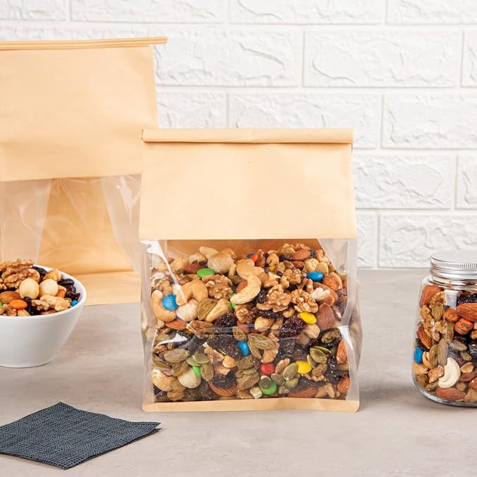 Restaurantware-Bag Tek 6.3 x 5.1 x 10.2 Inch Tin Tie Bags With Windows, 100 Resealable Bakery Bags With Windows - Flat Bottom, For Cookies or Coffee Beans, Kraft Cotton Paper Tin Tie Bags - Image 4