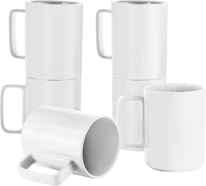 E-liu Large 15 Ounces Porcelain Coffee Mug Tea Mugs Set of 6 | Cups for Coffee, Tea, Cocoa, and Mulled Drinks , Dishwasher & Microwave Safe Gift Sets, White by Creatingwarmandrefinedlifestylekitchenandhomeessentials