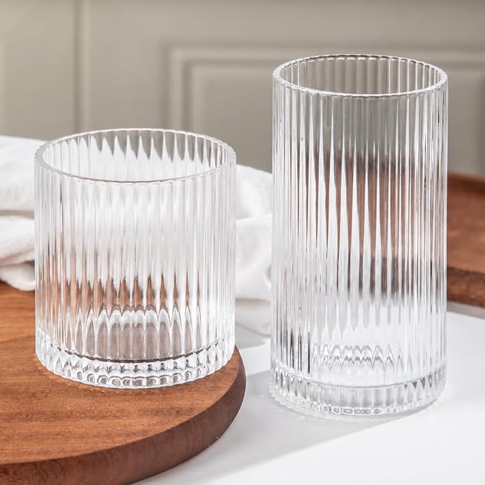 Ribbed Drinking Glasses 8pcs, 12oz and 10oz Glassware, Tumbler Glasses Cup Set for Wedding, Party, Christmas Gift, Clear by Lumkit
