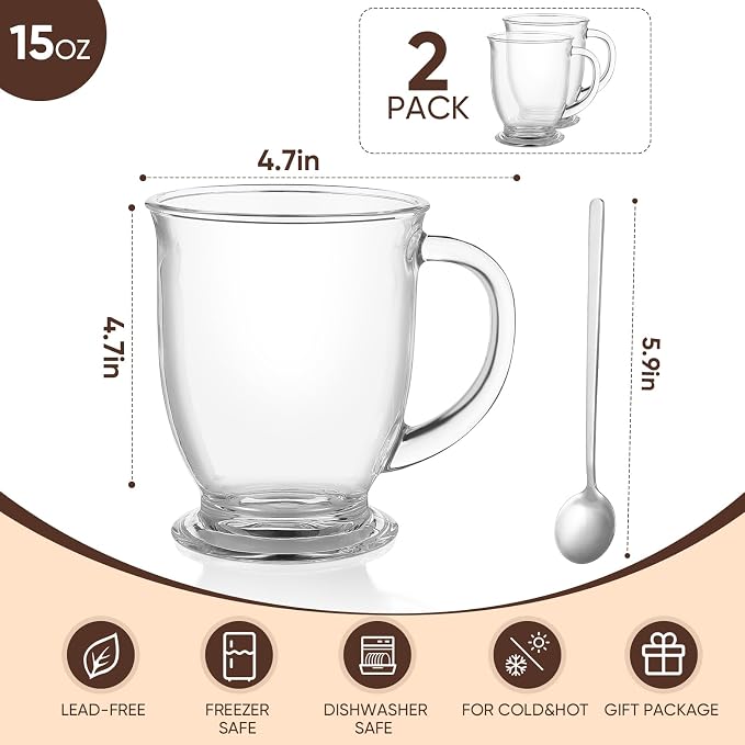 VENVENWEAVS Glass Coffee Mugs Set of 2,15 OZ Lead-free Clear Coffee Cups For Cappuccino,Latte,Tea,Glass Coffee Cups with handles - Image 4