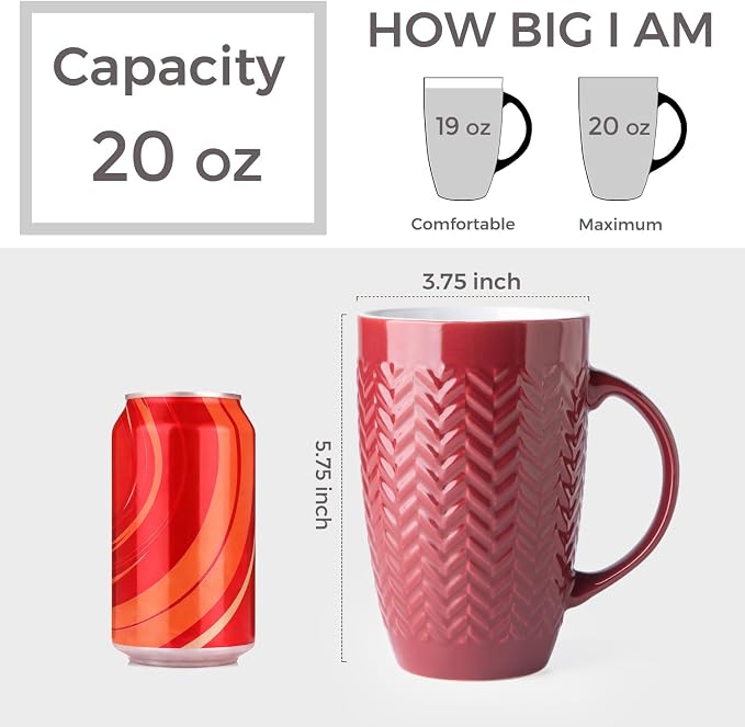 AmorArc Extra Large Coffee Mugs Set of 6, 20oz Ceramic Tall Coffee Mugs with Textured Geometric Patterns for Latte/Tea/Beer/Hot Cocoa, Dishwasher & Microwave Safe, Burgundy - Image 2