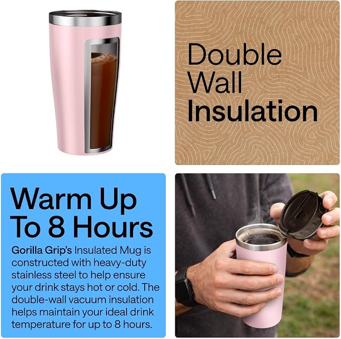 GORILLA GRIP 304 Stainless Steel Double Insulated Travel Coffee Mug, Leakproof Lid with Smooth Sip Top, Prevent Spills, Dent & Rust Resistant Reusable Tumbler Cup, Thermal Mugs for Drinks, 20oz, Pink - Image 3
