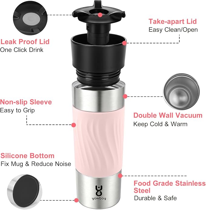 Travel Coffee Mug with 360°Lid, Travel Coffee Tumbler 16 oz Leak Proof, Stainless Steel Insulated Travel Mugs for Hot and Cold Spill Proof Leak Proof(Pink) - Image 7