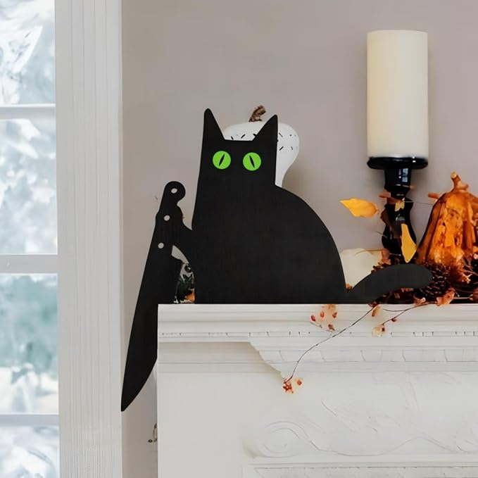 2025 New Year Gift - Cute Metal Door Topper Love You Bye Over Door Frame Decor Corner Sign Black Ornaments Wood Decorations Funny Christmas (Green Eyes Cat with Knife) by Unknown