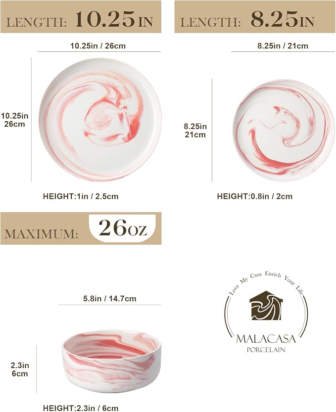MALACASA 12 Pcs Porcelain Plates and Bowls Sets,Dinnerware Set for 4,Pink | Modern Ceramic Dishware Set,Kitchen Dining Ware,Microwave and Dishwasher Safe,Unique Marble Pink Design,Series LUNA - Image 2