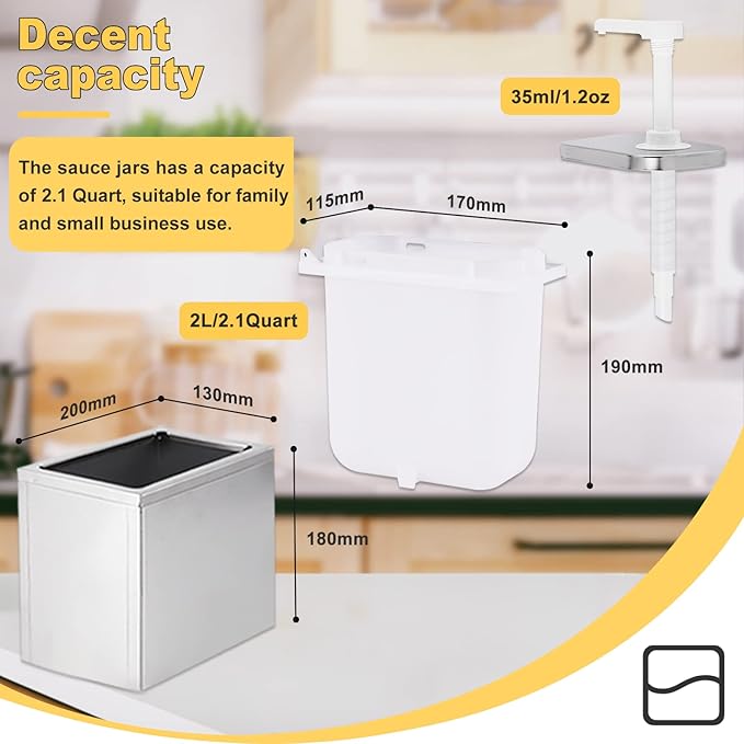 2L Sauce Dispenser Pump Stainless Steel Condiment Pump Station Condiment Pump Dispenser with 2.1 Quart Jar