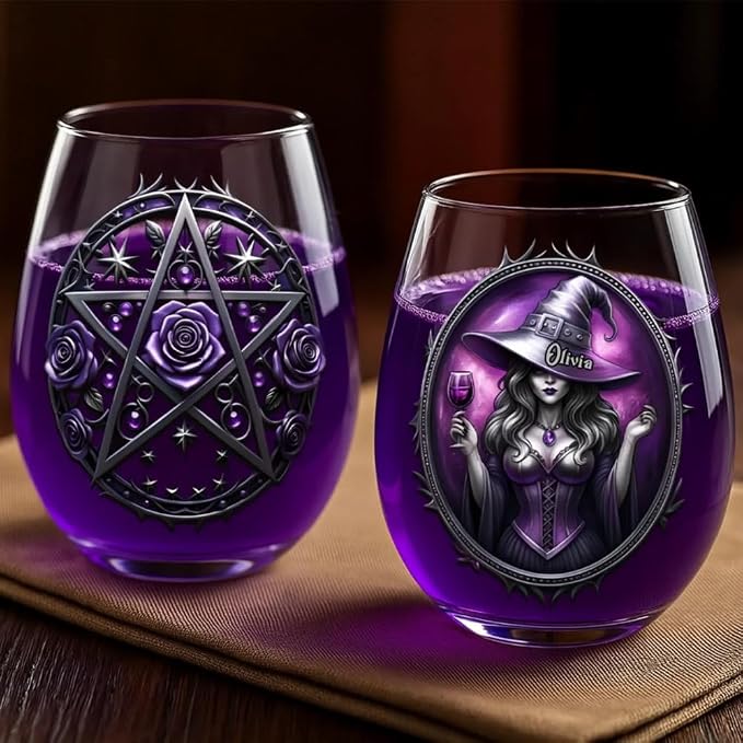 Customized Witch Spooky Stemless Wine Glass, Personalized Fantasy Magic Women Bar Glassware, Women Witch Lovers Wine Glass, Gothic Wiccan Pentagram Rose Drinking Glass, Witchy Lover Gift for Halloween - Image 4