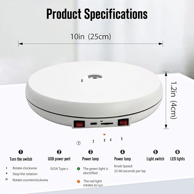 JAYEGT Motorized Rotating Display Stand with 5 Color LED Light , 10 inch /55lbs Load, 360 Degree Electronic Turntable Display Stand for Photography Products Shows, Jewelry, Watch, 3D Models, Cake