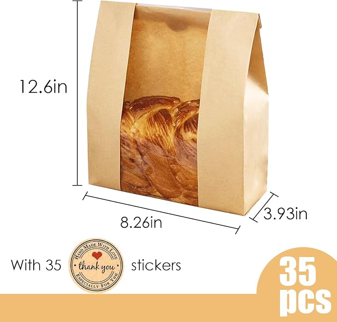 60 Paper Bread Bags for Homemade Bread, Paper Bakery Bag for Baked Food Packaging Storage, Large Kraft Paper Bread Loaf Bag with Window Label Seal Sticker included Pack of 60, 12.5x8.3x4 Inches - Image 3