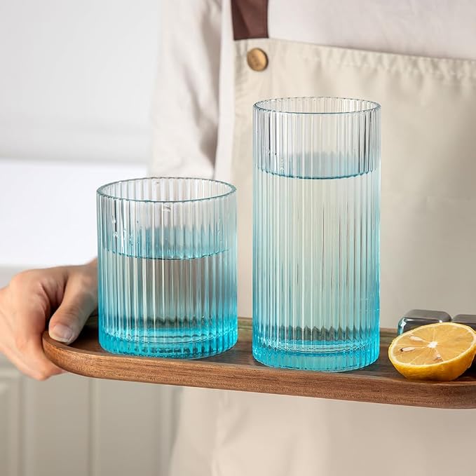Ribbed Drinking Glasses 8pcs, 12oz and 10oz Glassware, Tumbler Glasses Cup Set for Wedding, Party, Christmas Gift, Blue - Image 5