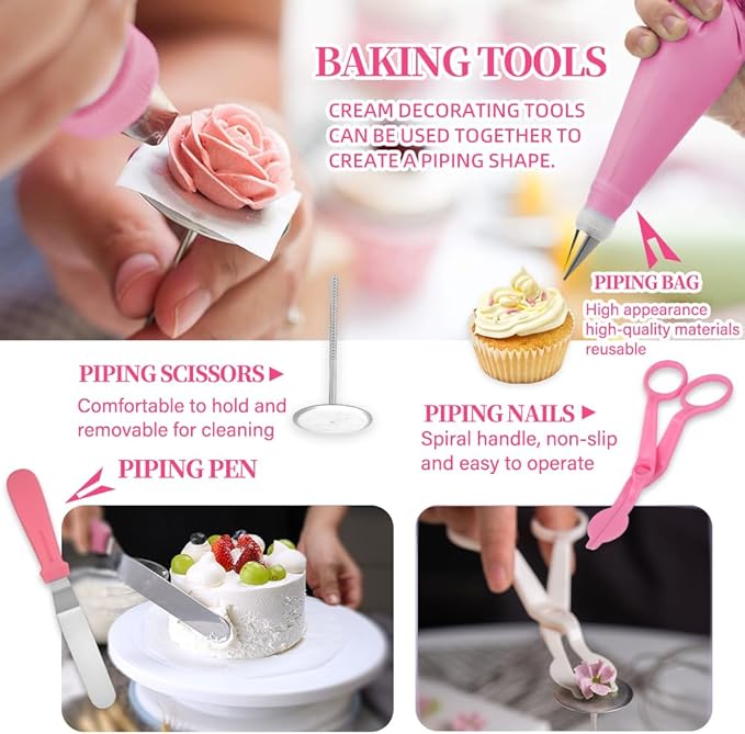 276pcs Cake Decorating Kit with Revolving Cake Turntable,Piping Bags and Tips Set, Cookie cutters,14 Fondant Stamps and Pen,120Cupcake liners,Cake Baking Supplies for Beginners
