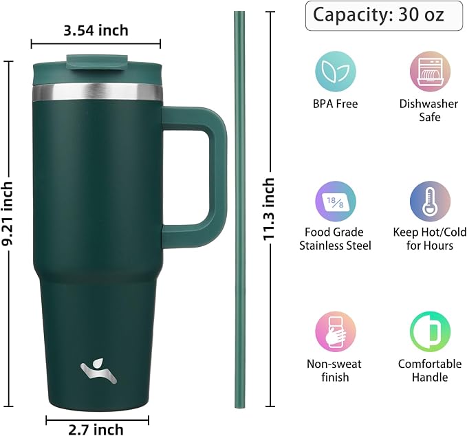 Konokyo 30 oz Insulated Tumbler Water Bottle with Handle, Straw Lid | BPA-free and dishwasher safe; made for gym, travel, coffee and gifting, 2 straws, cup holder friendly,Dark Green - Image 4