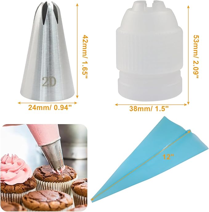 3 Pcs 2D Piping Tips, Stainless Steel Decorating Seamless Nozzles Icing Tips with Coupler Adapter & 12In Silicone Pastry Bag, Baking Tools for Birthday Cakes/Cupcakes/Cookie