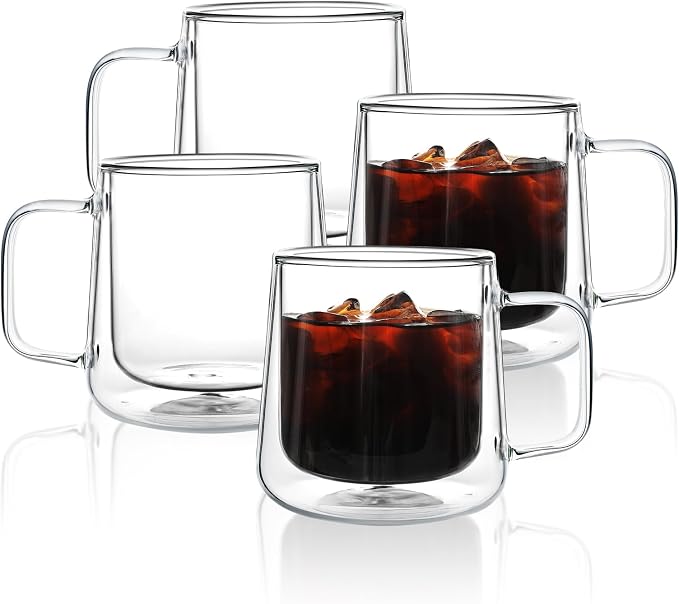 Aurzen 13oz Glass Coffee Mugs,Double Wall Insulated Glass Cups with Handle,Clear Espresso Mugs for Latte,Cappuccino,Tea Bag (4, 13oz) by Aurzen