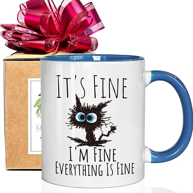 FALJIOK Funny Cat Coffee Mug Gifts for Cats Lover, It's Fine I'm Fine Everything Is Fines Coffee Mug 11oz, Novelty Mugs Gift for Women Man, Cats Lover Birthday Christmas Gifts (blue cat) by FALJIOK