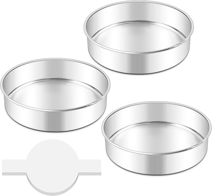 LIANYU 8 Inch Cake Pan Set of 3, Round Baking Pans for Layer Birthday Cake | Non Toxic Stainless Steel, Bakeware Tin with 90 PCS Parchment Paper for Wedding Christmas Party, Leak-proof & Dishwasher Safe by LIANYU