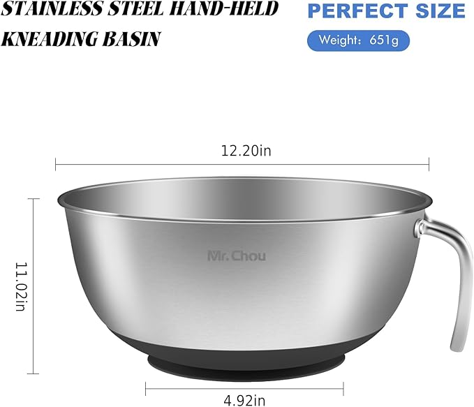 Extra Large Suction Mixing Bowl SUS304 Stainless Steel w/Non-Slip Silicone Suction Cups Base, Egg Beating Bowls with Handle Baking Bowl Tool for Cooking Baking Prepping Food Storage Batter Bowl BLACK