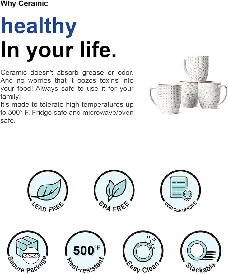 LE TAUCI Coffee Mugs 16 oz,Ceramic Mug Set, Embossment Cups for Latte, Hot Tea, Cappuccino, Mocha, Cocoa, Dishwasher Safe, Suit For Housewarming Wedding- 3.8 inch, Set of 4, Arctic White - Image 9