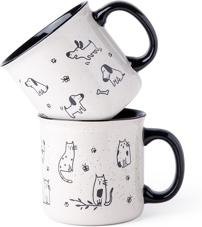 AmorArc 22 OZ Large Ceramic Coffee Mugs Set of 2, Oversized Mugs With Big Handle for Men Women Dad Mom, Big Mug With Textured Dogs Cats Patterns for Office & Home -Microwave Safe, 2 Pcs-Black by AmorArc