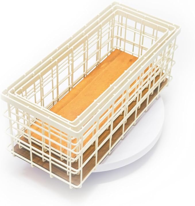 TIEYIPIN Farmhouse Decor Metal Wire Storage Baskets, Wood Base Containers Organizing Basket Caddy Bin for Kitchen Cabinets, Bathroom, Pantry, Garage, Laundry Room, Closets - Cream White (Set of 3) - Image 3