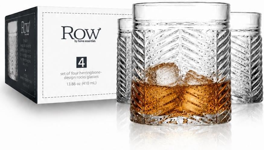 Set of 4 Double Old Fashioned Whiskey Glasses 13.86 oz, Heavy Base Rocks Glasses, Textured Herringbone Drinking Glasses, Bourbon Scotch Cocktail Tumblers by MosJos