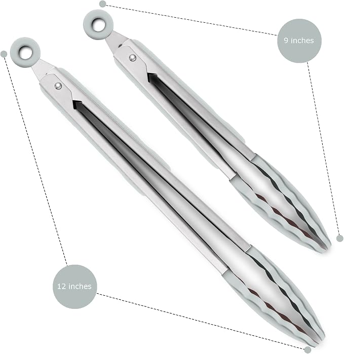 2 Pack Silicone Kitchen Tongs – 9" & 12" Set, Heat Resistant up to 500°F, Non‑Stick Cookware Safe, Wavy Silicone Tips, BPA Free, Locking Clip & Hanging Loop, Warm Grey - Image 4
