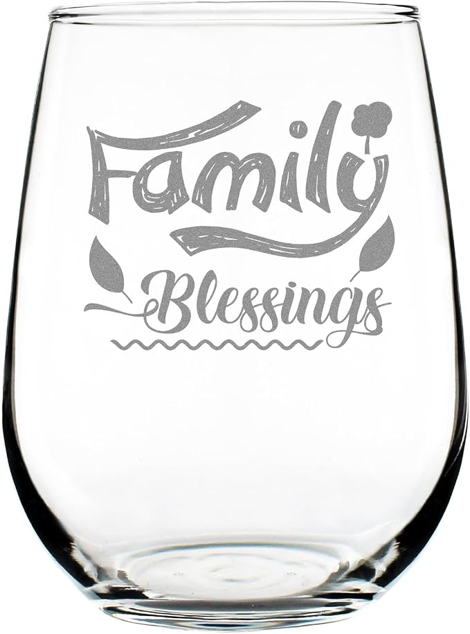 Family Blessings 17oz Stemless Wine Glass, Hand Engraved Etched Glassware, Farmhouse Home Decor for Parents & by Make+Your+Mark+Design