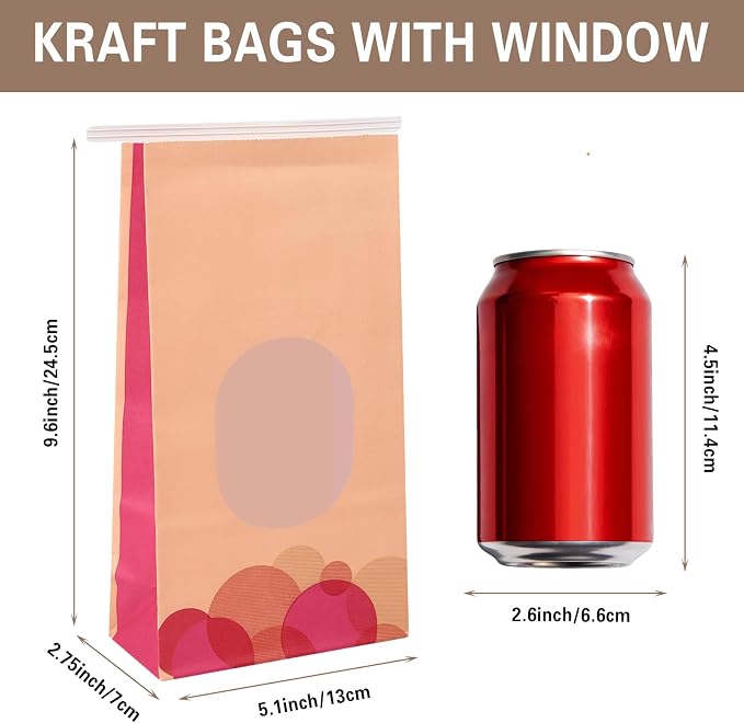Bakery Bags with Window 50Pcs Kraft Paper Bags 5x2.75x9.6Inches Resealable | 5x2.75x9.6In Resealable Kraft Bakery Bags with Window & Tin Tie, Keep Cookies Coffee Beans Snacks Fresh & Displayed - Image 2