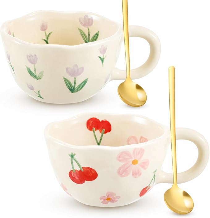 Vesici 2 Pcs Ceramic Coffee Mugs with Spoon, Vintage Floral Spring Mugs with Handle, 8.5 oz Aesthetic Flower Porcelain Tea Cup Set, Dishwasher & Microwave Safe Mothers Day Gifts for Mom(Cute) by Vesici