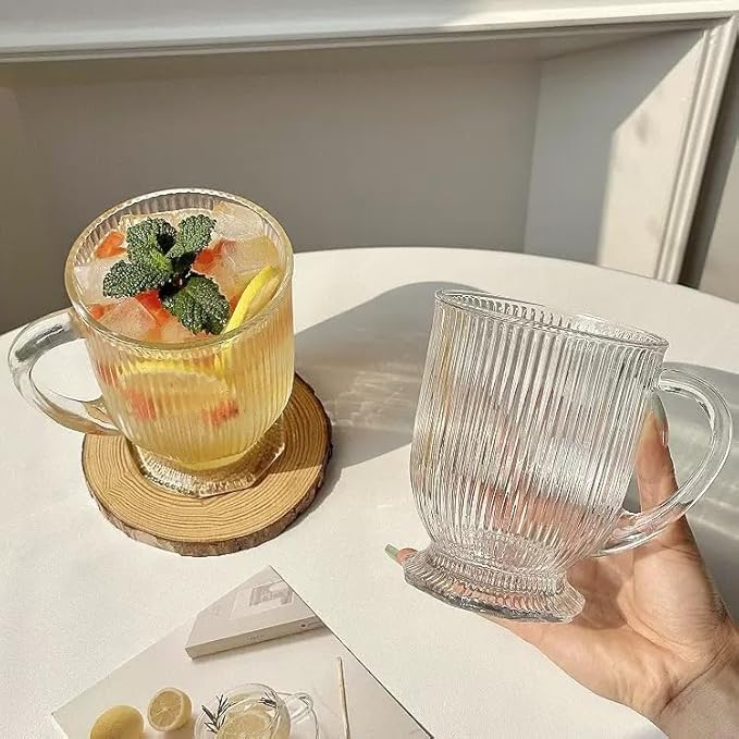 Ribbed Clear Glass Coffee Mugs Set of 4 with Spoon,16 Oz Large Glass Tea Cups with Handle Diner Latte Cups with Footed Base for Hot Beverages,Cappuccino & Espresso Cups, Stylish Drinkware