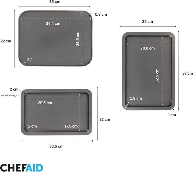 Chef Aid Carbon Steel Baking Tray and Sheet Set, Includes 3 Trays with Durable Non-Stick Coating, The Baking Trays Measure 30cm x 18cm and 21.5cm x 33cm with The Baking Sheet Measuring 35cm x 26cm - Image 2
