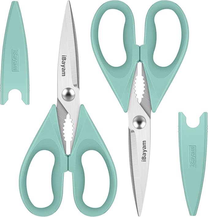 iBayam Kitchen Scissors, Set Of 2, Aqua Sky, Black Kitchen Utensils Set | for New Home Essentials, 2-Pack Protective Sheath, Dishwasher Safe, Stainless Steel Scissors, Built-In Bottle Opener by iBayamDirect