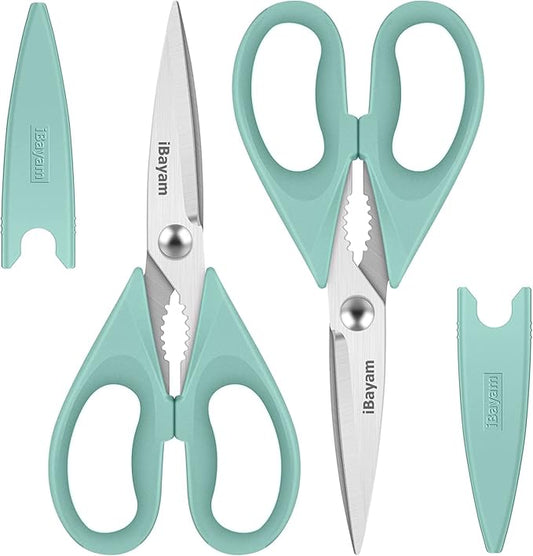 iBayam Kitchen Scissors, Set Of 2, Aqua Sky, Black Kitchen Utensils Set | for New Home Essentials, 2-Pack Protective Sheath, Dishwasher Safe, Stainless Steel Scissors, Built-In Bottle Opener by iBayamDirect