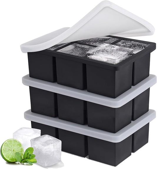 Ice Cube Tray, SLGOL Ice Trays for Freezer with Lid, Easy Release large Ice Cube Molds, Silicone ice cubes mold for Whiskey, Stackable Square Ice Tray for Cocktails Whiskey 【6 square 3 Pack】