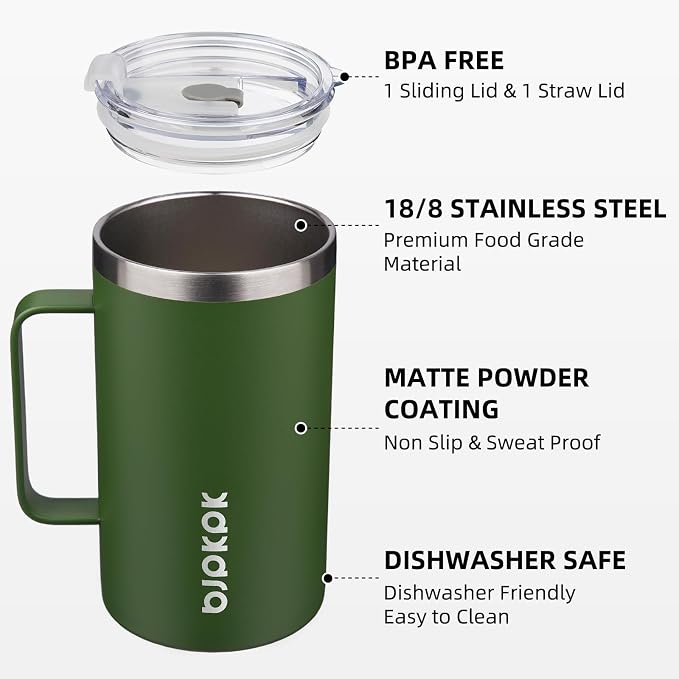 BJPKPK 25oz Insulated Coffee Mug with Handle, Stainless Steel Travel Mug | Keeps Drinks Hot & Cold, Double Wall Vacuum, 2 Lids Included, BPA-Free Coffee Tumbler for Home, Office & Travel - Image 2