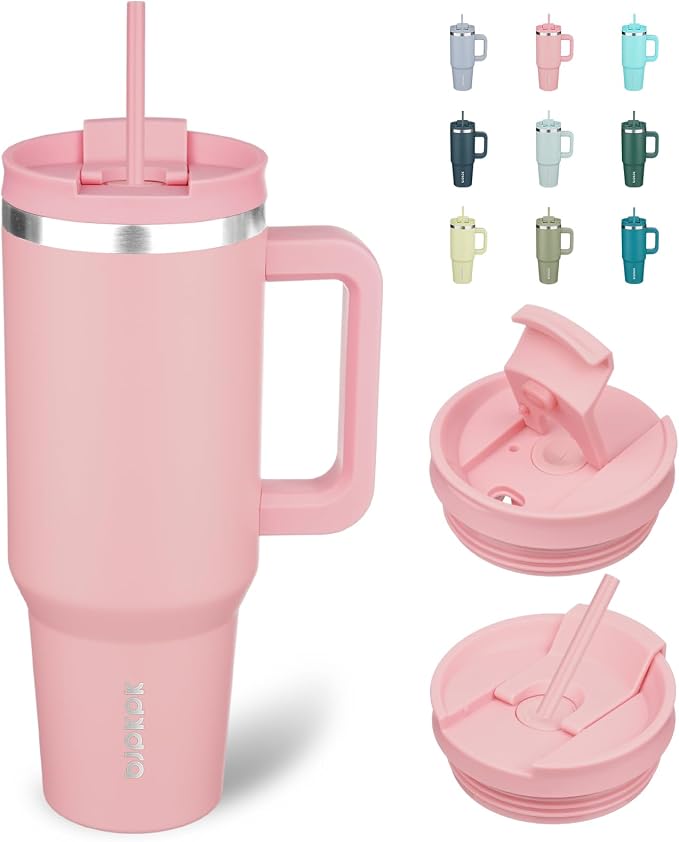 BJPKPK 40 oz Insulated Tumbler with Handle & Straw, Stainless Steel | Double Wall Vacuum Insulation, Leak Proof, BPA Free, Dishwasher Safe, Cupholder Friendly, Travel & Outdoor, Light Pink by BJPKPK