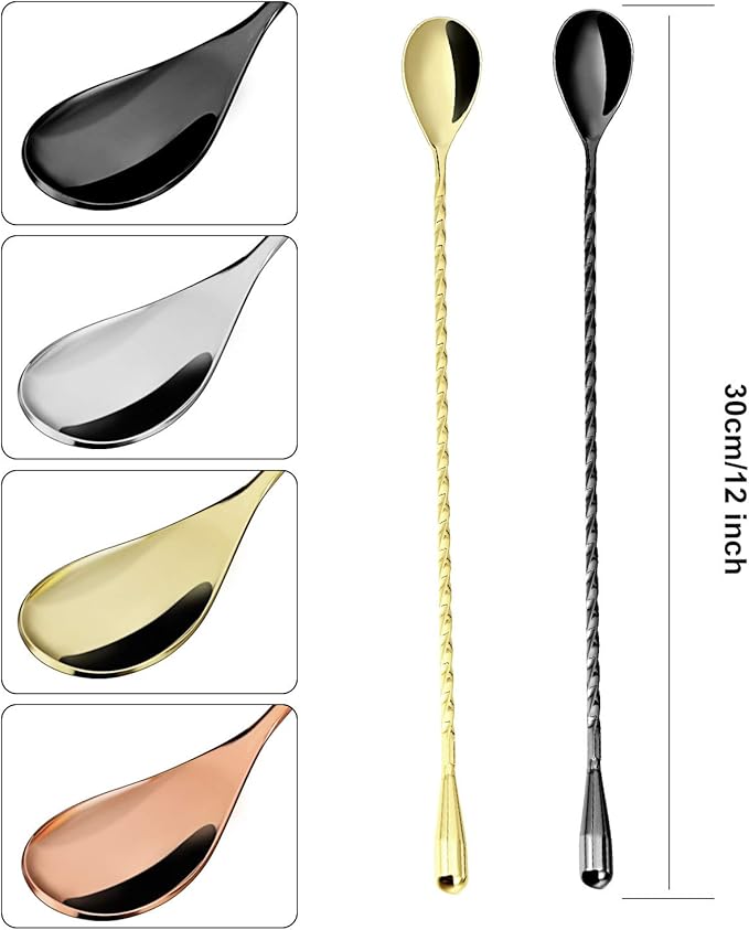 Boao 4 Pcs 12 Inch Cocktail Spoon Coffee Spoons Bar Stirring Spoon Long Handle Stainless Steel Cocktail and Coffee Mixing Tool for Homemade Barista/bartender (Silver,Gold,Rose Gold,Black)