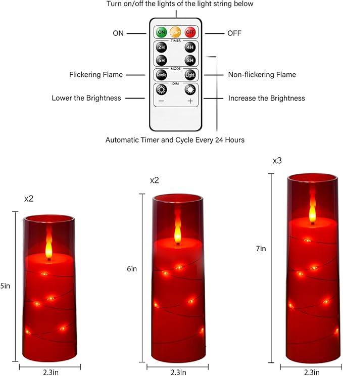 Flameless Candles,with Embedded Star String, Battery Operated Candles Flickering LED Pillar Candles with Remote Control and Timer, Home Decoration Add a Warm and Romantic Atmosphere，Set of 7 (Red) - Image 5