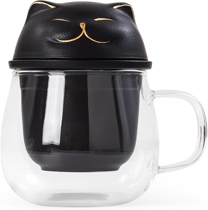 Tea Cup with Infuser and Lid 15oz - Borosilicate Glass Mug with Black Ceramic Infuser, Smiling Cat Lid Design, Anniversary Birthday Gift for Cat Lovers