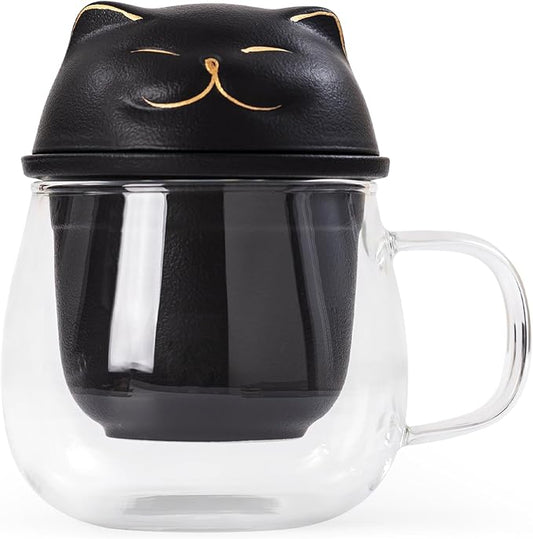 Tea Cup with Infuser and Lid 15oz - Borosilicate Glass Mug with Black Ceramic Infuser, Smiling Cat Lid Design, Anniversary Birthday Gift for Cat Lovers