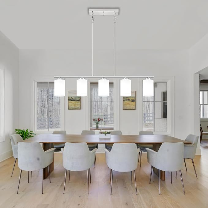 5-Light Kitchen Island Lighting Brushed Nickel Dining Room Light Fixtures | Modern Linear Chandelier Over Table, Adjustable Kitchen Lighting Fixtures Over Island with White Frosted Glass - Image 6