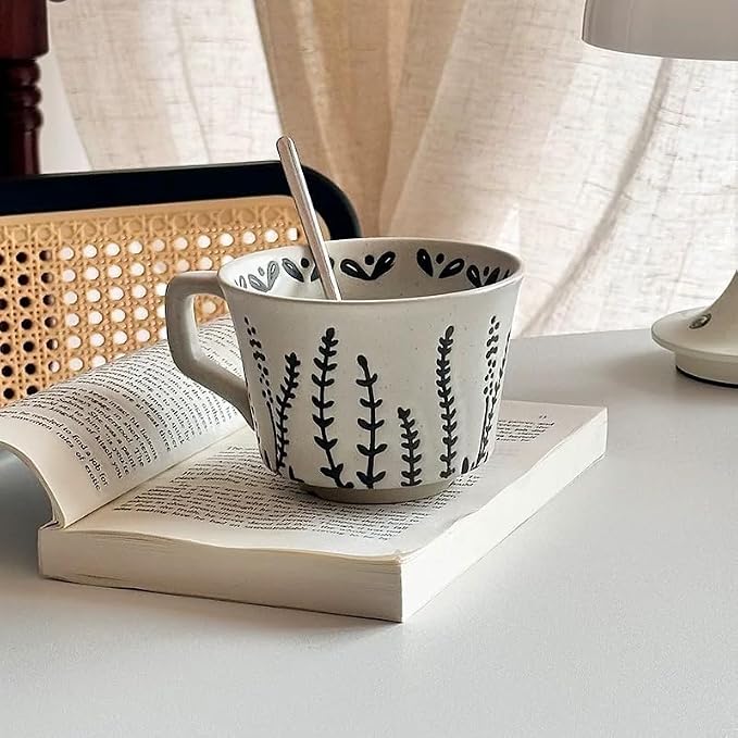4 Pack 12oz Speckled Stoneware Coffee Mugs, Vintage Black Seaweed Botanical Ceramic Tea Cups, Rustic Hand Drawn Floral Drinking Mugs, Microwave Dishwasher Safe, Gift Set for Coffee Lovers - Image 2